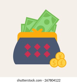Colorful blue wallet or purse with banknotes in a financial, earnings, spending and monetary concept, vector illustration