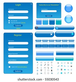 Colorful blue web template with forms, bars, buttons and many icons.