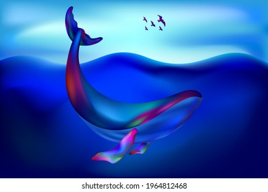 Colorful Blue Whale floating under the ocean background. Marine animal digital concept - Vector Illustration of Modern concept whale with a fluid gradient style