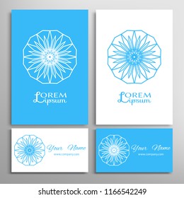 Colorful blue and white geometric symbol round pattern. Business card set. Mandala line ornament.  Isolated design element for logo, icon, label, emblem. Tribal ethnic decoration