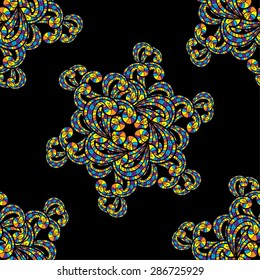 Colorful blue, yellow and red circle floral mandalas seamless pattern border, vector