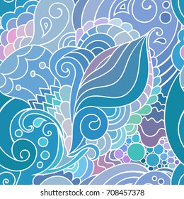 Colorful blue zentangle seamless pattern with doodles and waves for textile or digital paper.