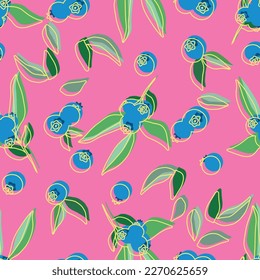 Color del arándano azul sin soldadura patrón amarillo contorno de fondo rosado gráfico de fondo. diseño vectorial de fondo de empaque textil, diseño de medios sociales