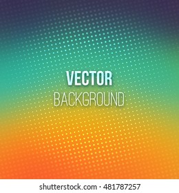 Colorful blurred background with halftone effect overlay. Dotted pattern on smooth emerald and orange abstract gradient backdrop. Vector illustration