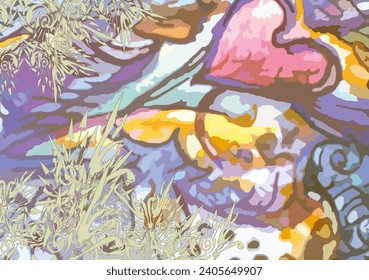 Colorful blurred background with pink heart and floral elements for holidays or events. Detailed blurred backdrop for business, covers, fashion, fabrics, textiles, scrapbooking, carpets and interiors
