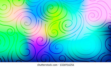 Colorful blurred background with thin line curls, swirls. Curly modern abstract gradient card. Business poster. Vector illustration.   