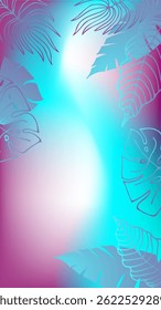 colorful blurred blue and purple background with monstera and palm leaves for your phone wallpaper.