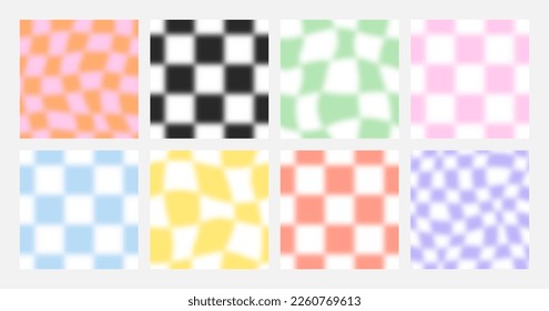 Colorful blurred checker board square seamless pattern set. Collection of trendy checkered pastel square background in vintage psychedelic y2k style. Defocused soft color gradient wallpaper print.