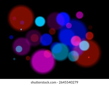 Círculos coloridos borrados no plano de fundo escuro com bordas suaves e suaves. A sobreposição de bokeh brilhante cria profundidade abstrata sonhadora e atmosfera festiva sem um ponto focal claro.