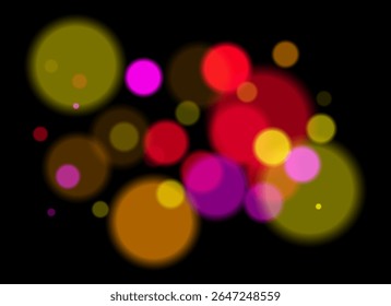 Círculos coloridos borrados no plano de fundo escuro com bordas suaves e suaves. A sobreposição de bokeh brilhante cria profundidade abstrata sonhadora e atmosfera festiva sem um ponto focal claro.
