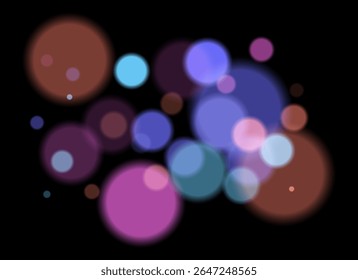 Círculos coloridos borrados no plano de fundo escuro com bordas suaves e suaves. A sobreposição de bokeh brilhante cria profundidade abstrata sonhadora e atmosfera festiva sem um ponto focal claro.