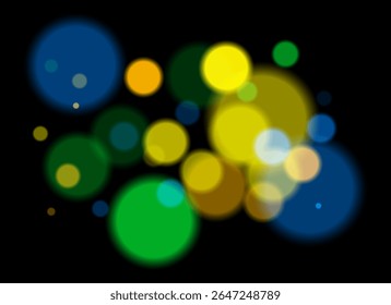 Círculos coloridos borrados no plano de fundo escuro com bordas suaves e suaves. A sobreposição de bokeh brilhante cria profundidade abstrata sonhadora e atmosfera festiva sem um ponto focal claro.