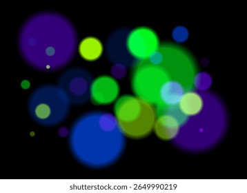 Círculos coloridos borrados no plano de fundo escuro com bordas suaves e suaves. A sobreposição de bokeh brilhante cria profundidade abstrata sonhadora e atmosfera festiva sem um ponto focal claro.