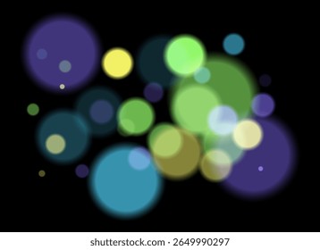 Círculos coloridos borrados no plano de fundo escuro com bordas suaves e suaves. A sobreposição de bokeh brilhante cria profundidade abstrata sonhadora e atmosfera festiva sem um ponto focal claro.