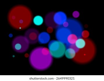 Círculos coloridos borrados no plano de fundo escuro com bordas suaves e suaves. A sobreposição de bokeh brilhante cria profundidade abstrata sonhadora e atmosfera festiva sem um ponto focal claro.
