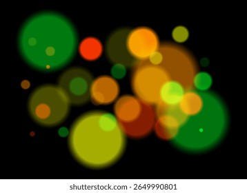 Colorful blurred circles on dark background with smooth soft edges. Overlapping glowing bokeh creates dreamy abstract depth and festive atmosphere without clear focal point.