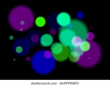 Colorful blurred circles on dark background with smooth soft edges. Overlapping glowing bokeh creates dreamy abstract depth and festive atmosphere without clear focal point.