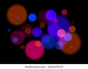 Círculos coloridos borrados no plano de fundo escuro com bordas suaves e suaves. A sobreposição de bokeh brilhante cria profundidade abstrata sonhadora e atmosfera festiva sem um ponto focal claro.