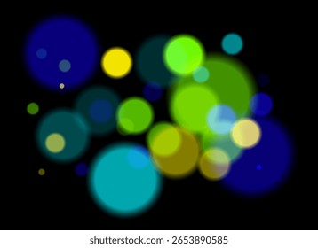 Colorful blurred circles on dark background with smooth soft edges. Overlapping glowing bokeh creates dreamy abstract depth and festive atmosphere without clear focal point.
