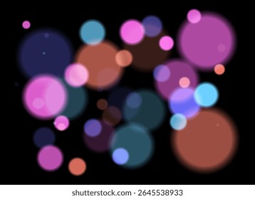 Círculos coloridos borrados com brilho suave e transparência em camadas no plano de fundo preto. Formas moles aleatórias formam profundidade abstrata festiva sem simetria ou ponto focal.