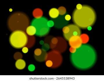 Círculos coloridos borrados com brilho suave e transparência em camadas no plano de fundo preto. Formas moles aleatórias formam profundidade abstrata festiva sem simetria ou ponto focal.