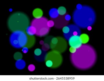 Círculos coloridos borrados com brilho suave e transparência em camadas no plano de fundo preto. Formas moles aleatórias formam profundidade abstrata festiva sem simetria ou ponto focal.