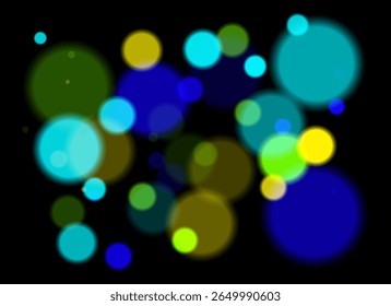 Colorful blurred circles with smooth glow and layered transparency on black background. Random soft shapes form festive abstract depth with no symmetry or focal point.