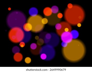 Colorful blurred circles with smooth glow and layered transparency on black background. Random soft shapes form festive abstract depth with no symmetry or focal point.