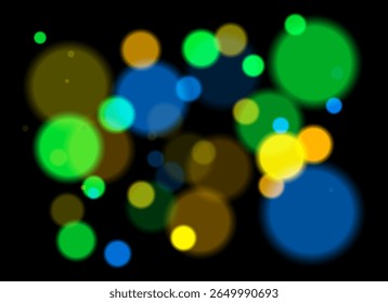 Colorful blurred circles with smooth glow and layered transparency on black background. Random soft shapes form festive abstract depth with no symmetry or focal point.
