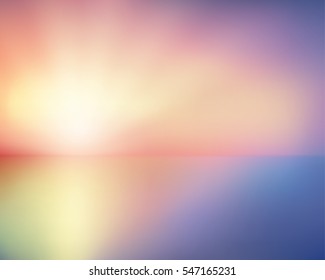 Colorful blurred gradient abstract background. Twilight sky with sun rays and sea backdrop. Vector illustration for your graphic design, banner or poster