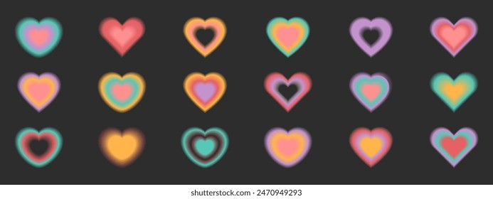 Colorful blurred gradient elements set. Hearts in trendy retro y2k style. Vector illustration.