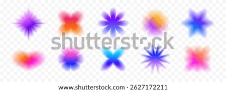 Colorful blurred gradient heart and stars collection. Bright blur aura shapes set. Fading abstract elements for poster, template, badge, sticker, collage. Vector iridescent smooth form flower pack