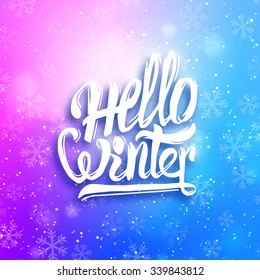 Colorful blurred vector background with snowfall, small bokeh lights and Hello Winter typography label for greeting card or decoration banner design template