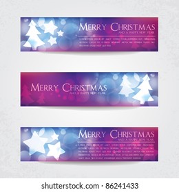 Colorful blurry Christmas banners with stars and Christmas tree