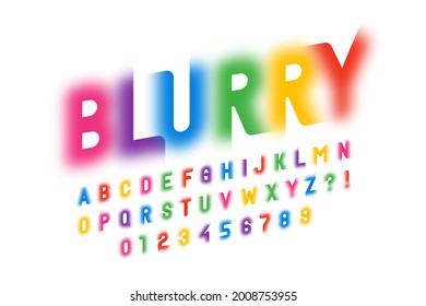 Colorful blurry style font, alphabet letters and numbers vector illustration