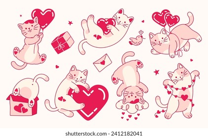 Colorful blush pink cats in love with hearts. Fun doodle vector collection. Valentine's Day concept. Funny and cute vector cartoon isolated stickers. Hand drawn, not AI