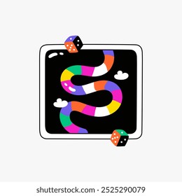 Colorful board game illustration displays a winding snake path and dice, capturing the essence of fun, strategy, and entertainment. Ideal for promoting game nights.