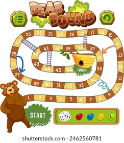 Colorful board game layout with playful bear
