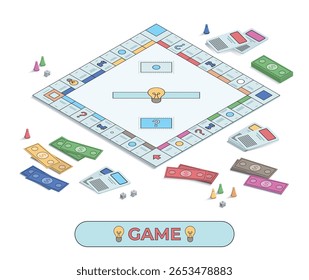 Colorful board game setup with various money bills, cards, dice, and player tokens on a white background, symbolizing strategic family fun. Vector illustration