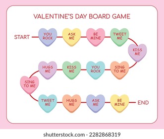 Colorful board game template for valentine’s day. Hand drawn heart candy on white background