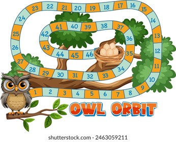 Colorful board game track with owl and trees