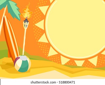 Colorful Board Illustration of a Bright Summer Scene Featuring a Tropical Island, a Surf Board, a Tiki Torch, and a Beach Ball