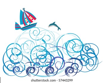 colorful boat and dolphin on top metaphorical waves