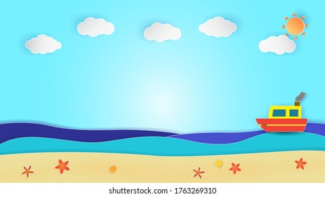 Colorful boat float on sea with nice weather and starfish seashell on seashore- vector paper cut