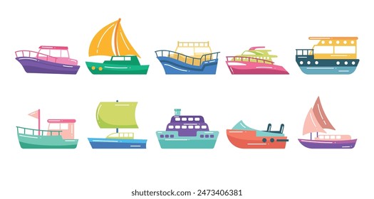 Colorful Boat and Yacht Vector Set