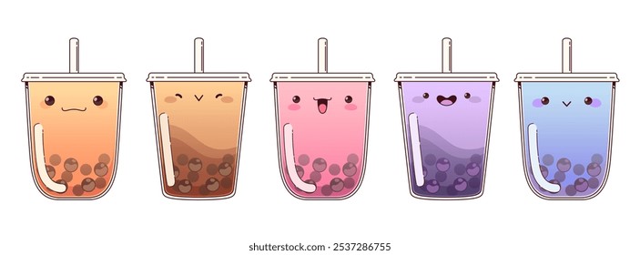 Coloridas bebidas de boba con lindas expresiones kawaii. Conjunto de Vector de dibujos animados de tazas de té de plástico con perlas de tapioca, pajitas y diferentes emociones faciales. Bebida dulce de postre con bolas de chocolate.