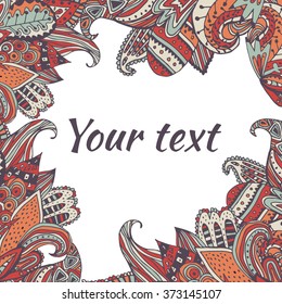 Colorful bohemian ethnic style frame background in doodles for fabric, package design, posters, blog headers, invitation cards, weddings and parties decoration. Floral ornament on the boards.