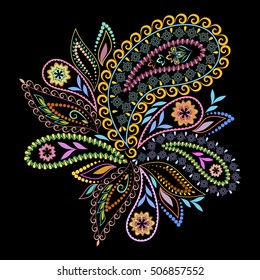 Colorful bohemian pattern with paisley and flowers. Traditional ethnic ornament. Object isolated on black background.  Vector print.