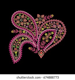 Colorful bohemian pattern with paisley and flowers. Traditional ethnic ornament. Object isolated on black background. Vector print.