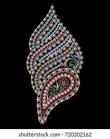 Colorful bohemian pattern with paisley and flowers. Traditional ethnic ornament. Object isolated on black background. Vector print.